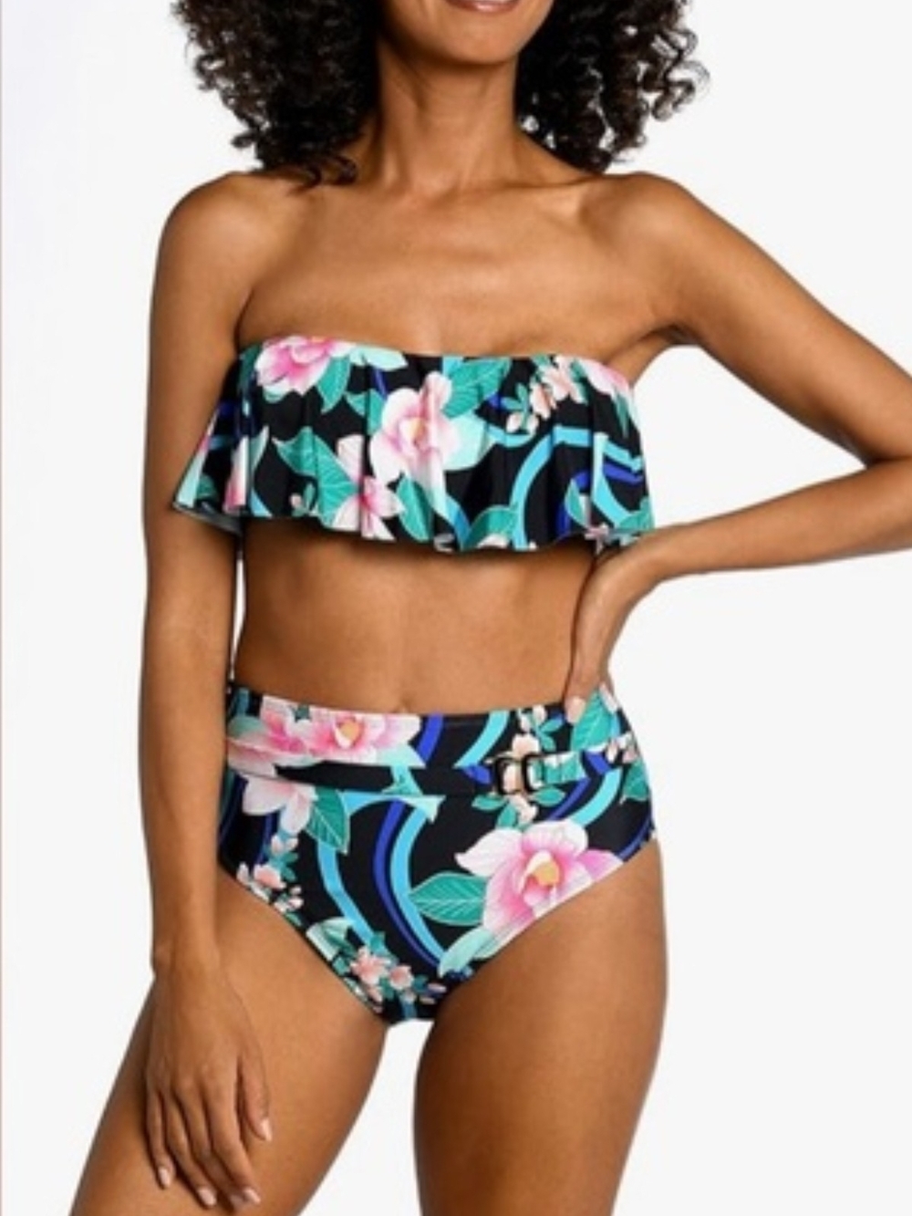 NWT | LA BLANCA Bandeau Top Ocean Blue Lime Green Tropical Floral Print